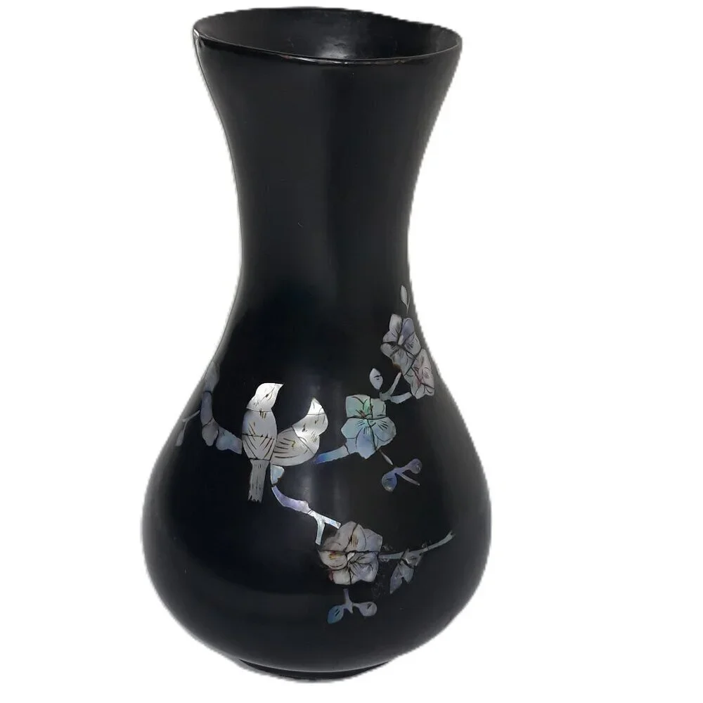 Asian Black Lacquer Mother of Pearl Inlay Bud Vase